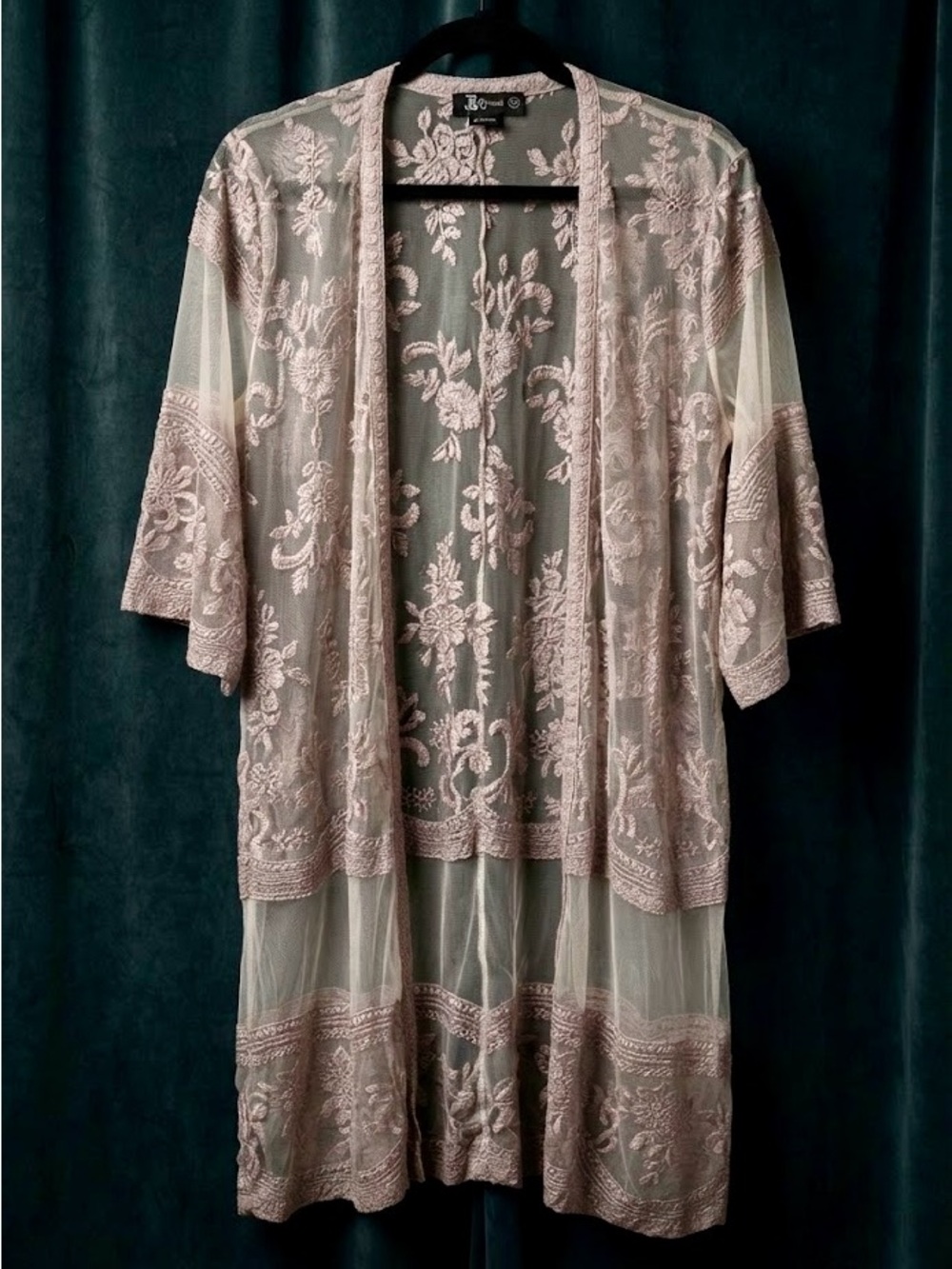 Miss Chievous Embroidered Sheer Lace Kimono Cardigan Taupe Cream S/M Boho Chic